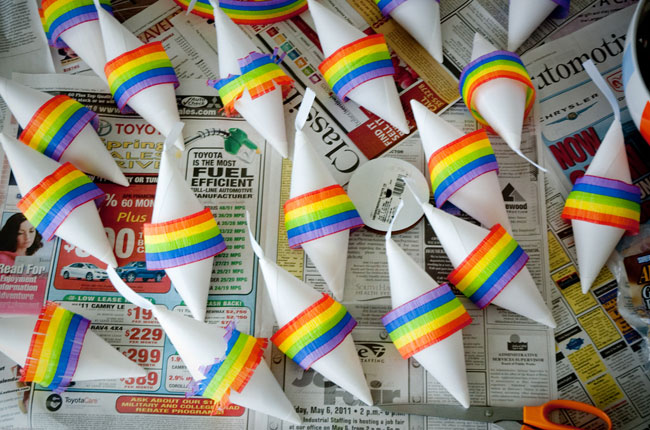 Mini pinatas made from paper cones to give as birthday party favors