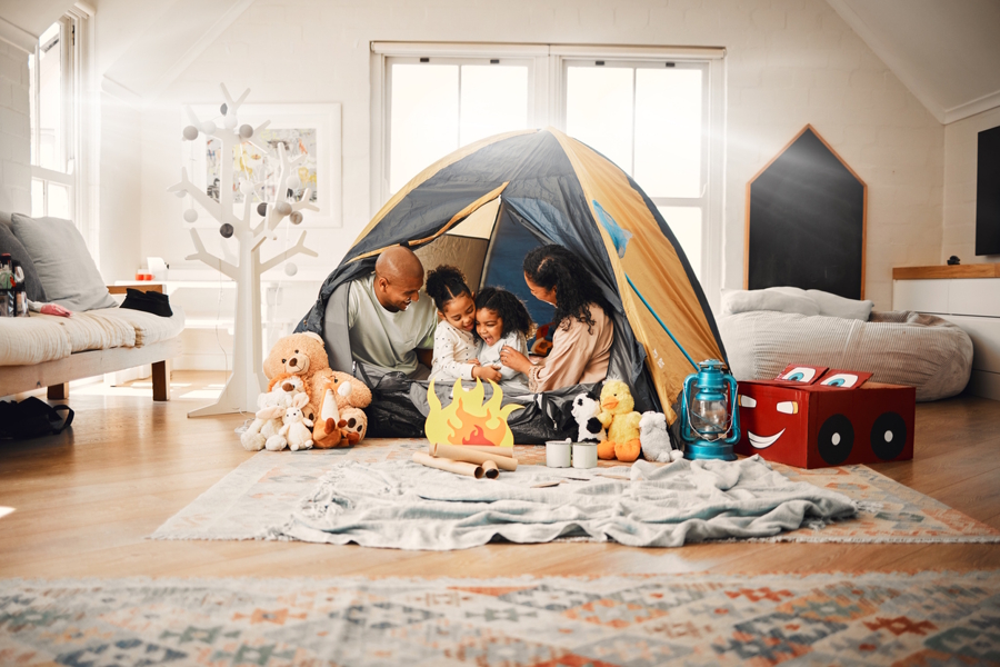 family camping in their living room
