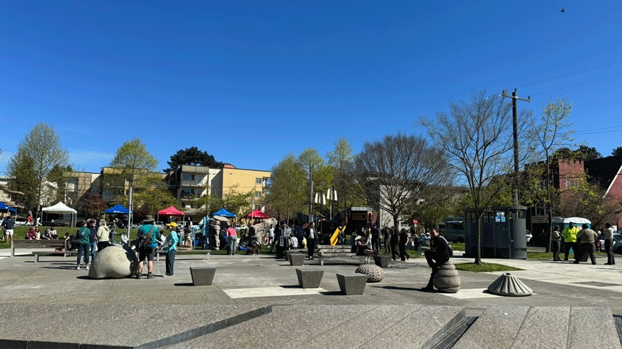 Seating and sculptures with a nautical theme offer parkgoers a place to sit.