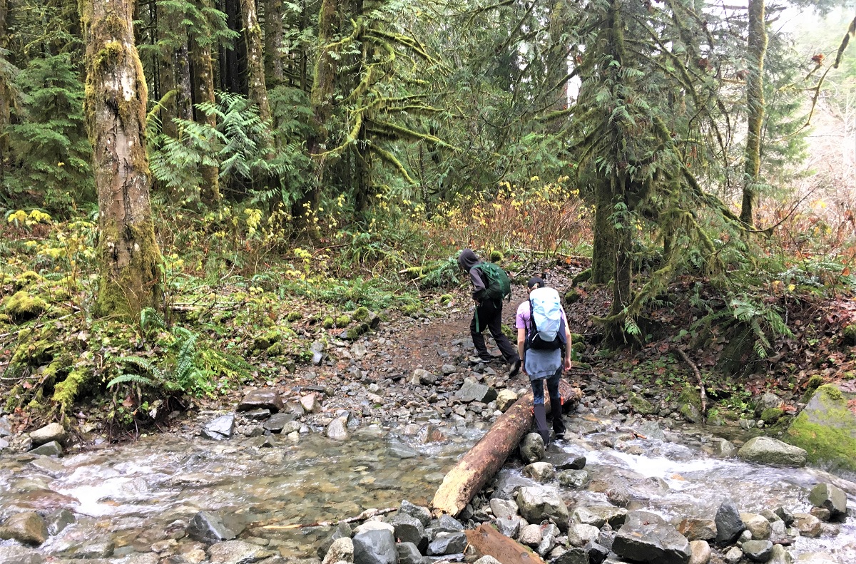 Hikers crossing the Taylor River Creek on the Taylor River trail best family hikes near SEattle along the Middle Fork Snoqualmie Road