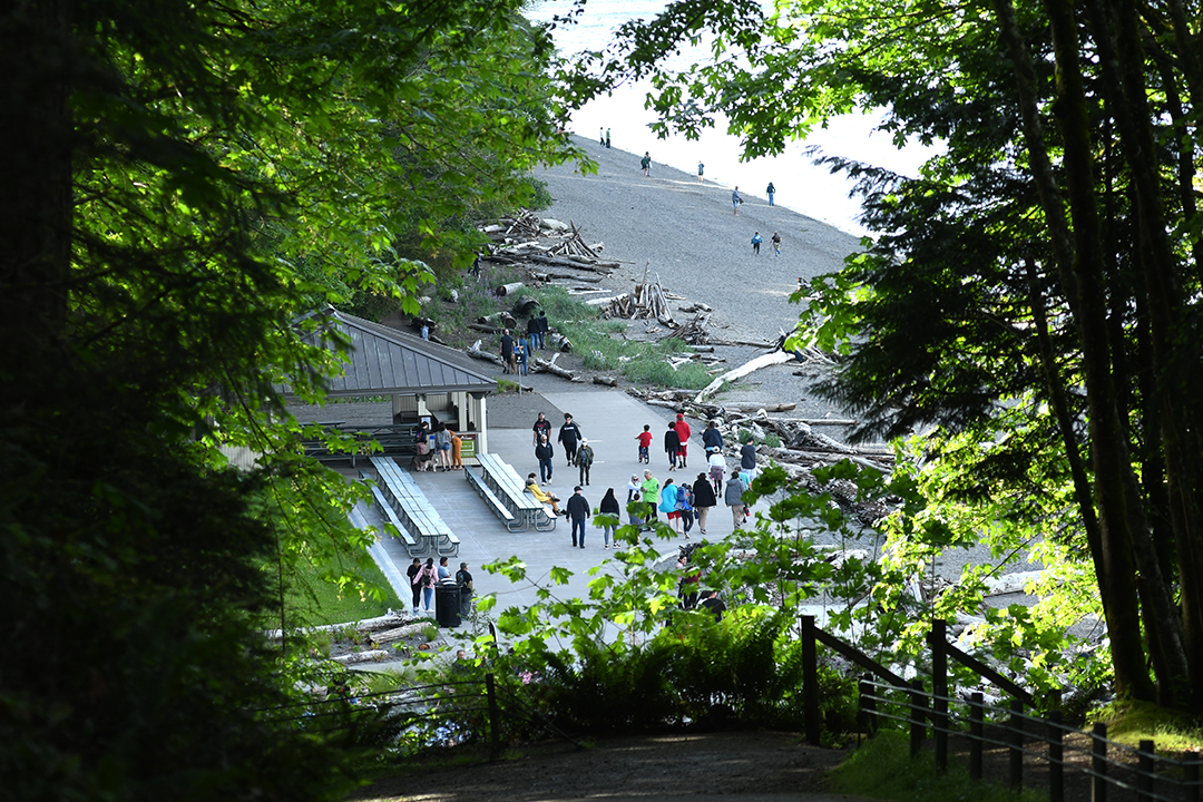 View of Point Defiance Park's Owen Beach looking down from the pedestrian access point part of improvements to the beach area just opened in June 2022