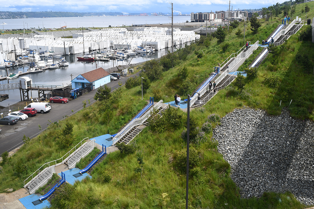 A series of slides and staircases connect the upper and lower sections of Dune Peninsula and Point Defiance Park