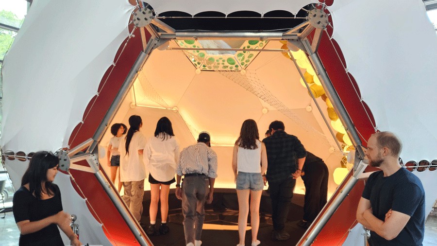 The exterior and entrance of the TESSERAE Space Habitat Pavilion at The Museum of Flight, a Seattle attraction