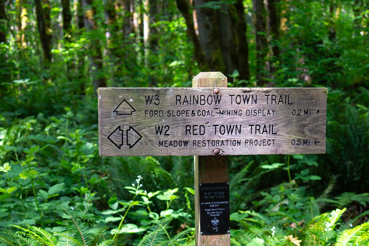 Among ghost town hikes near Seattle, a sign in Cougar Mountain Regional Wildlands points the way to the Red Town Trail and Rainbow Town Trail