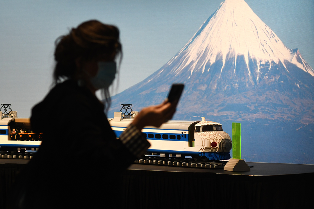 A lego model shinkansen Japanese bullet train on display at Awesome Exhibition The Interactive Exhibition of Lego Models at Seattle Center Fisher Pavilion