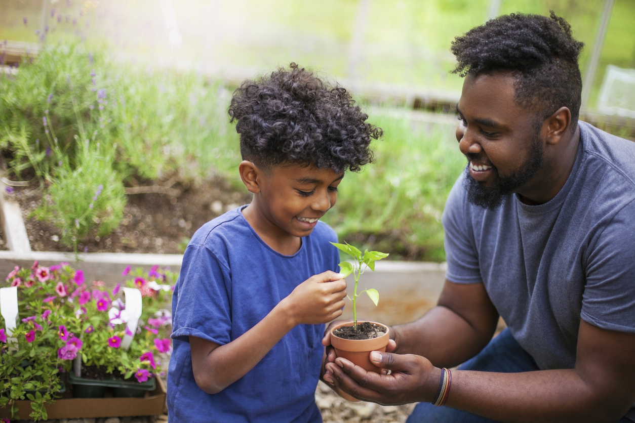 black father and son in the garden crouched over a flower pot
