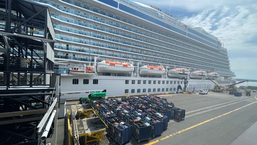 Luggage waiting to be loaded onto a Princess cruise ship, going from Seattle to Alaska