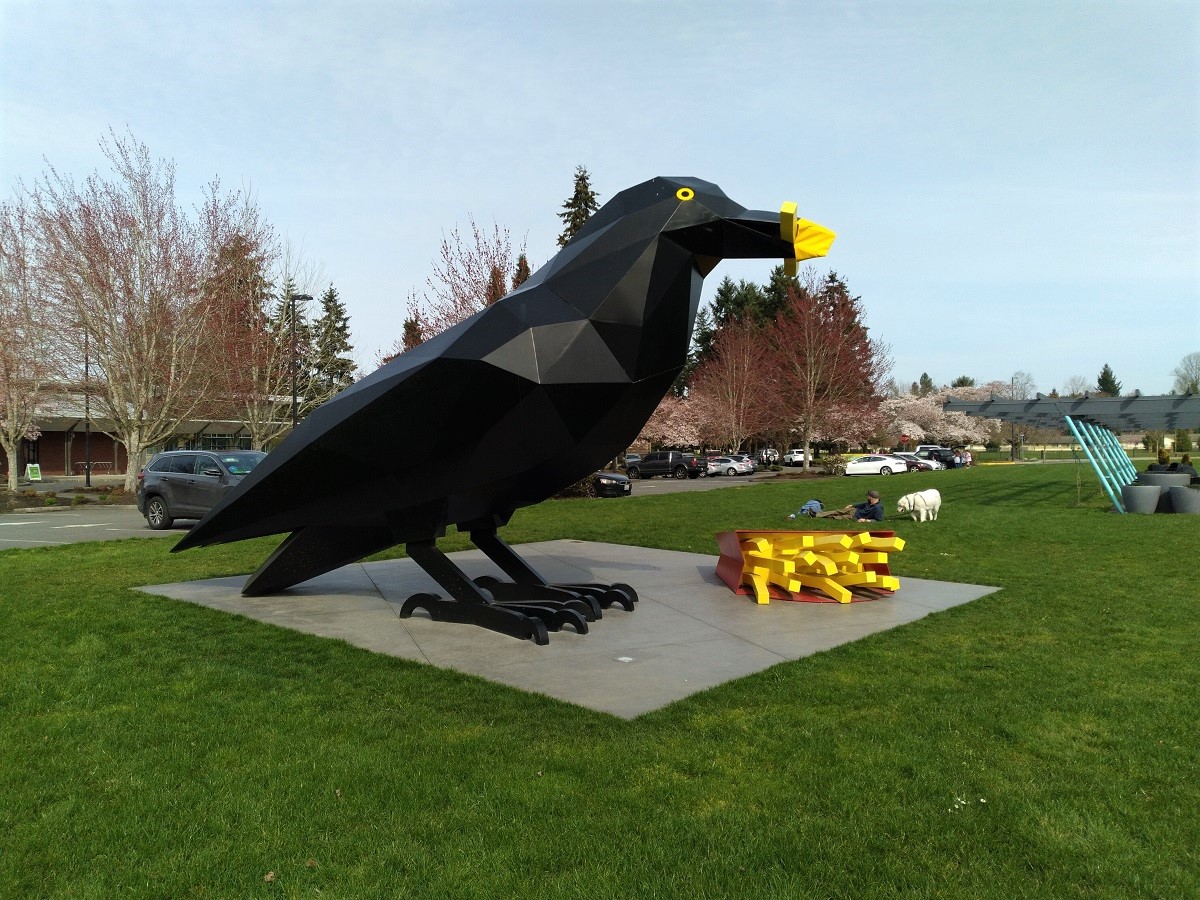 Crow With Fries sculpture in Auburn's Les Gove Park near Seattle, Washington best instagram sights for teens and tweens
