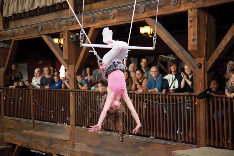 Girl hanging upside-down on a trapeze