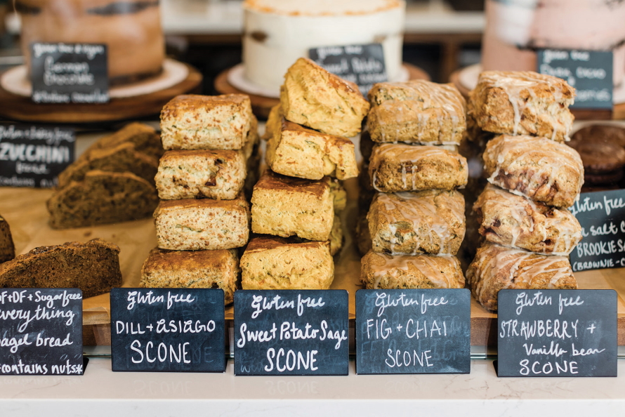 Scones for sale in a bakery window