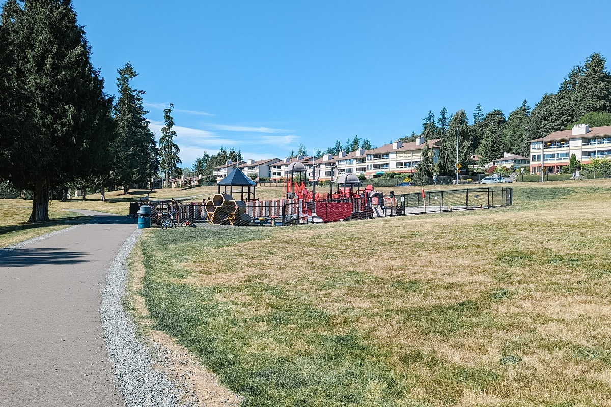 Ballinger Park's new playground has a fence and other barriers to keep kids safely contained