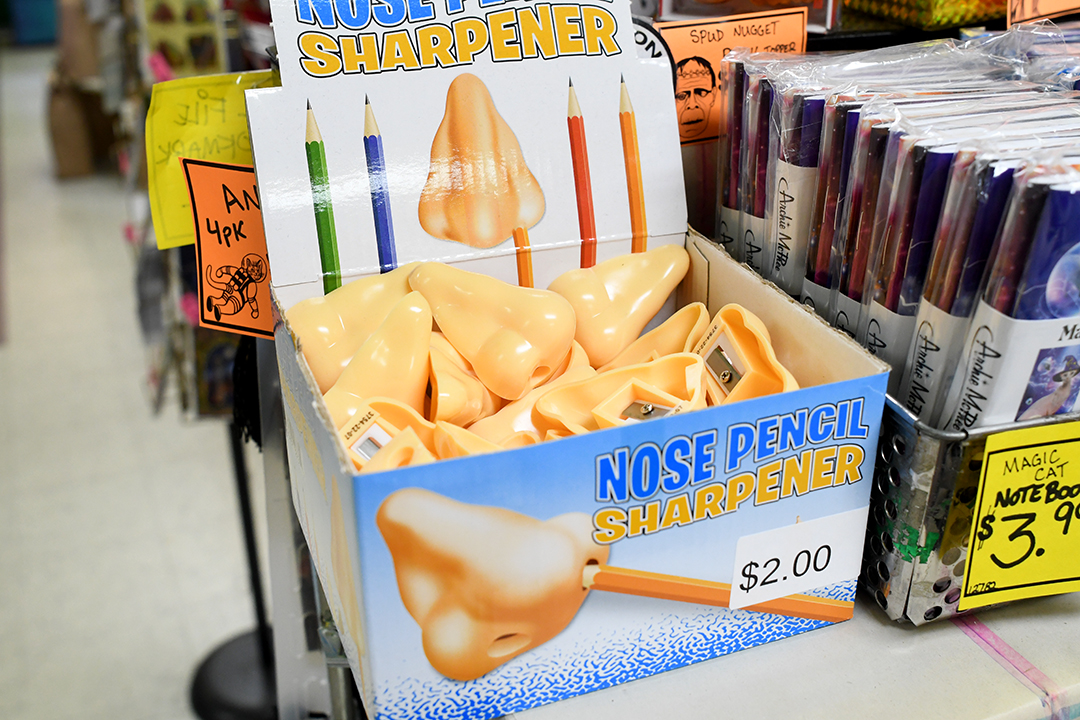 Archie McPhee nose pencil sharpener sharpens your pencils inside the nostril