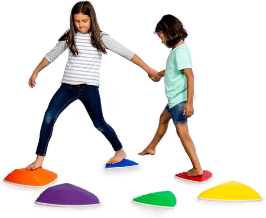 two girls playing on stepping stones game