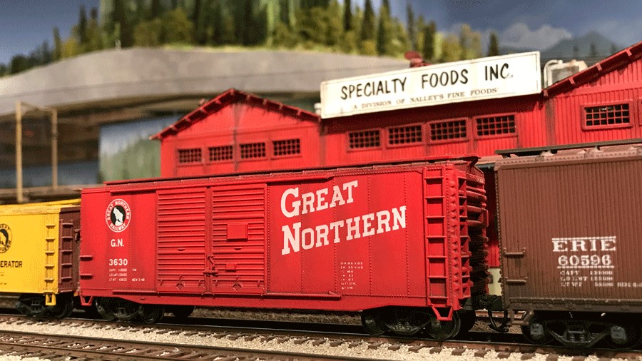 Close-up of model trains at the Washington State History Museum railroad exhibition