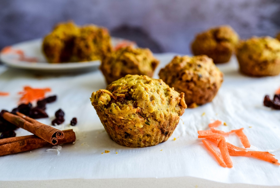 Healthy muffins with carrots, walnuts, raisins and oats