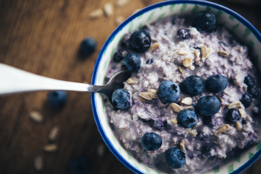a big bowl of blueberry overnight oatmeal