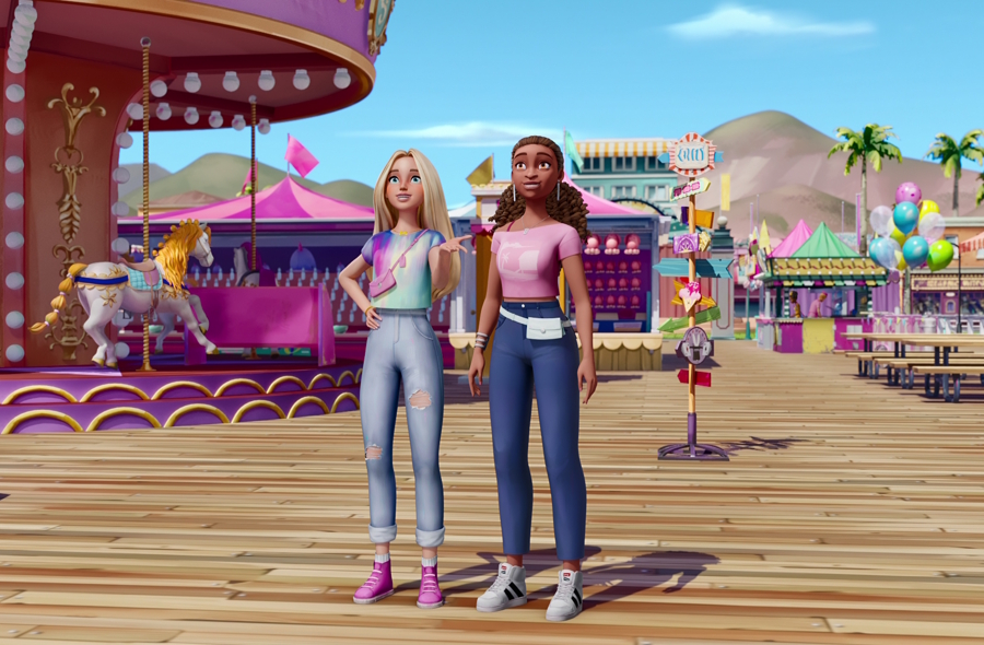 Two animated Barbies standing on a boardwalk in the show Barbie Mysteries: Beach Detectives