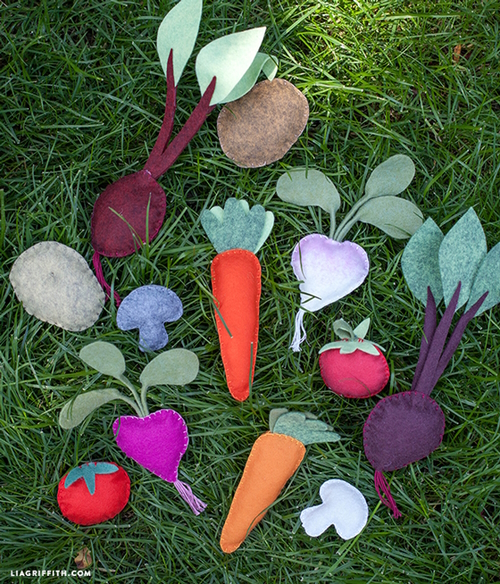 Veggies made of felt lying in the grass