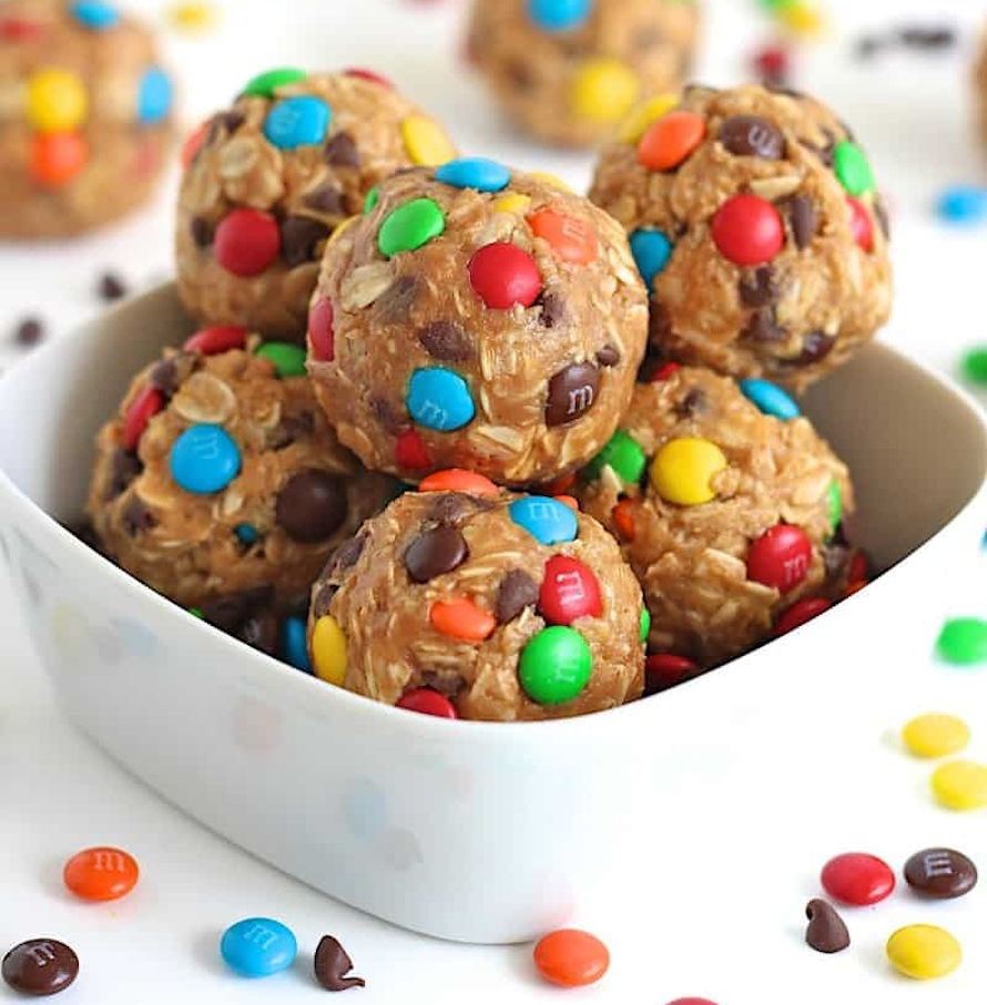White bowl full of monster cookie energy balls is a sweet team snack idea