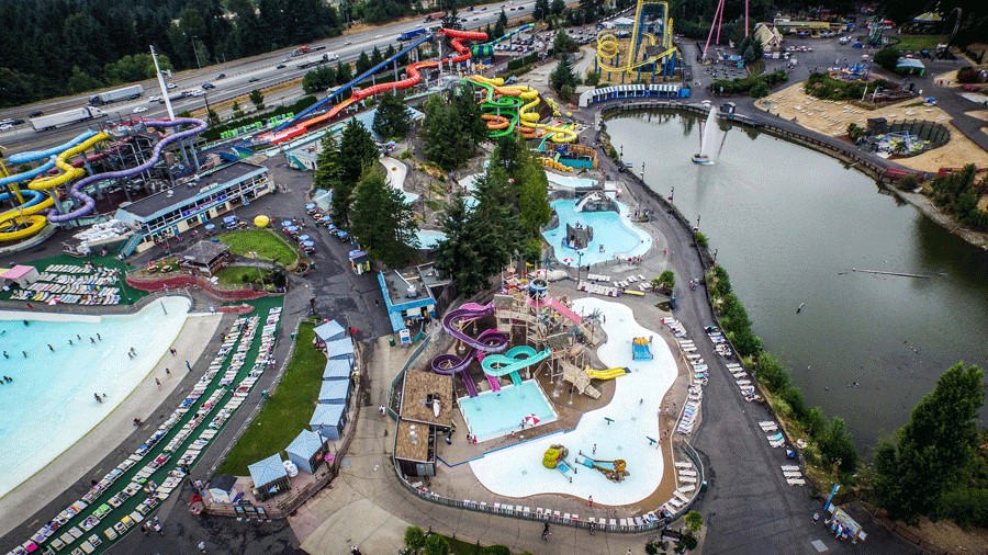An aerial view of Wild Waves Theme and Water Park near Seattle