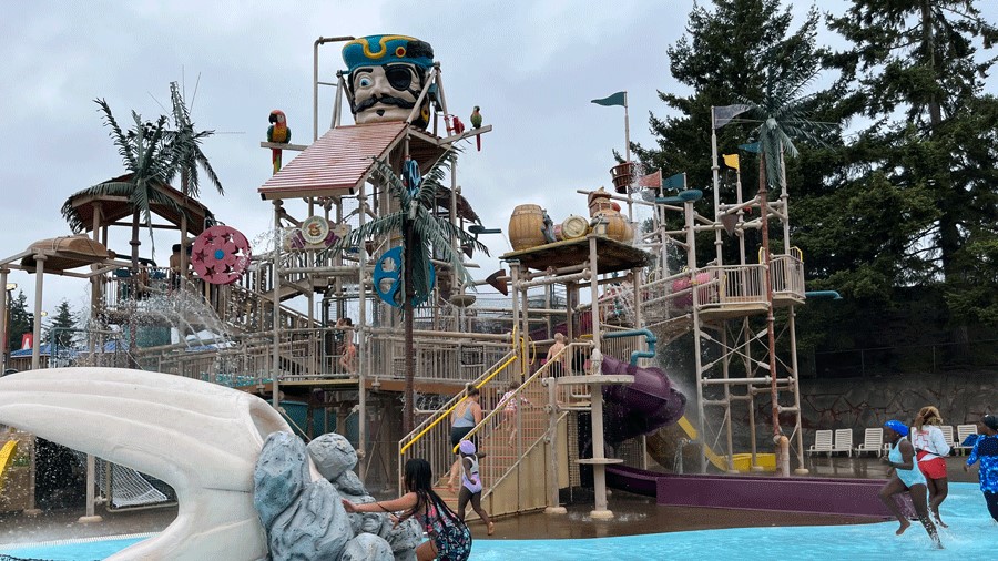 Hook's Lagoon at Wild Waves water park has plenty of slides and large structures for kids to play