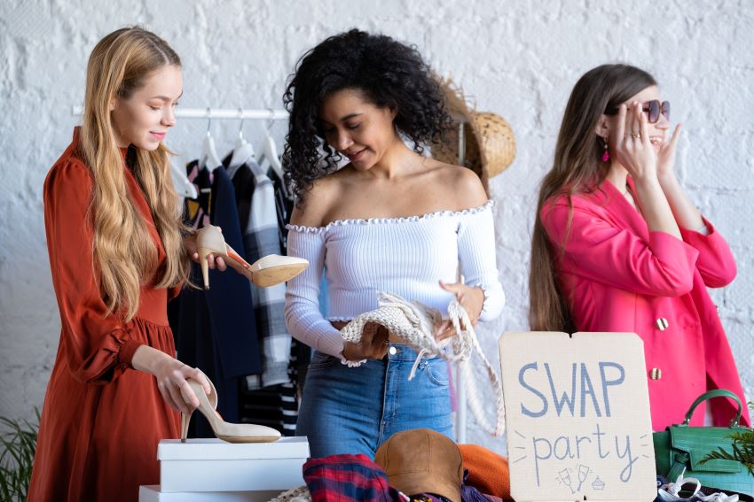 Three young women are swapping items at a swap party