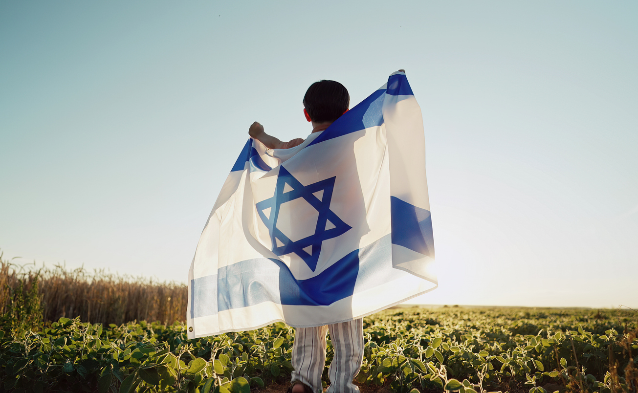 child faces away from the camera holding Israel's flag around him