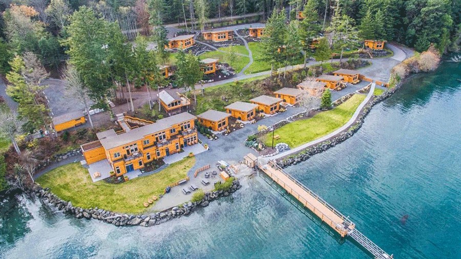 View of Snug Harbor Resort in San Juan Islands, best cabin rentals for Seattle families with kids