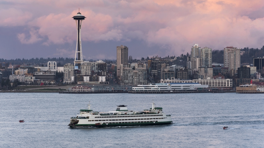 Ferry in front of the Seattle skyline cheap things to do in Seattle