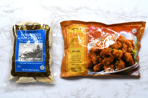 Bag of frozen pork gyoza and Mandarin Orange Chicken