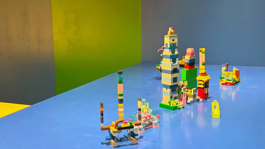 Platforms displaying visitor-built creations at the Seattle Lego exhibit at MOHAI 