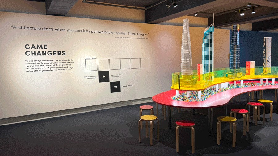 Wall in the Lego exhibit with quote from Lego enthusiast