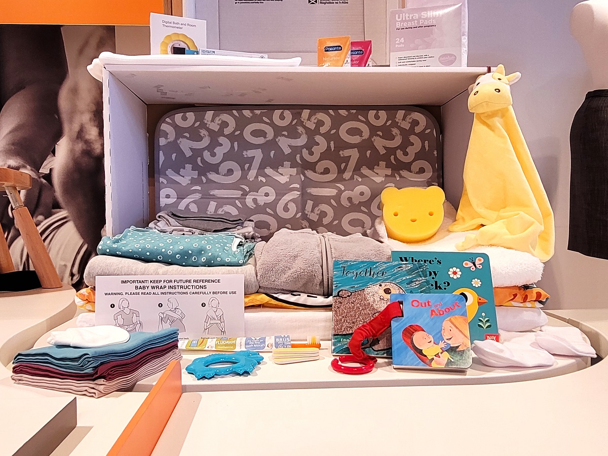 A Finnish "baby box" given to new parents in Finland is on display at Seattle's Gates Foundation Discovery Center new exhibit called Designing Motherhood, things that make and break our births