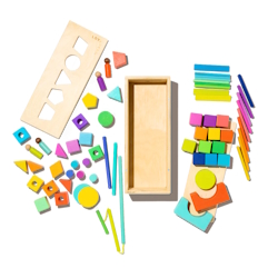 The Block Set, colorful blocks and a plain wooden box