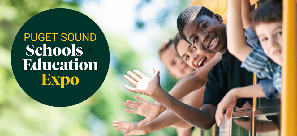 Puget Sound Schools + Education Expo hero image (kids waving outside school bus window)