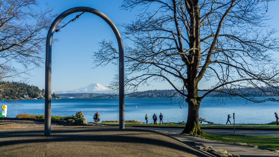 View of Mount Rainier in the distance from Seattle's Seward Park great winter and spring nature destination for families