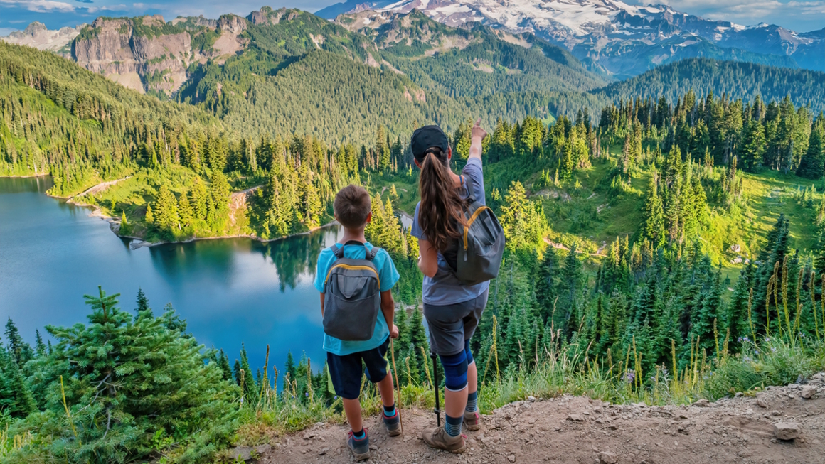 mom and son hiking at Mt. Rainier