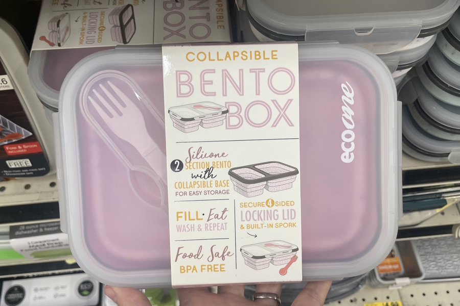 pink bento box for lunch from Grocery Outlet