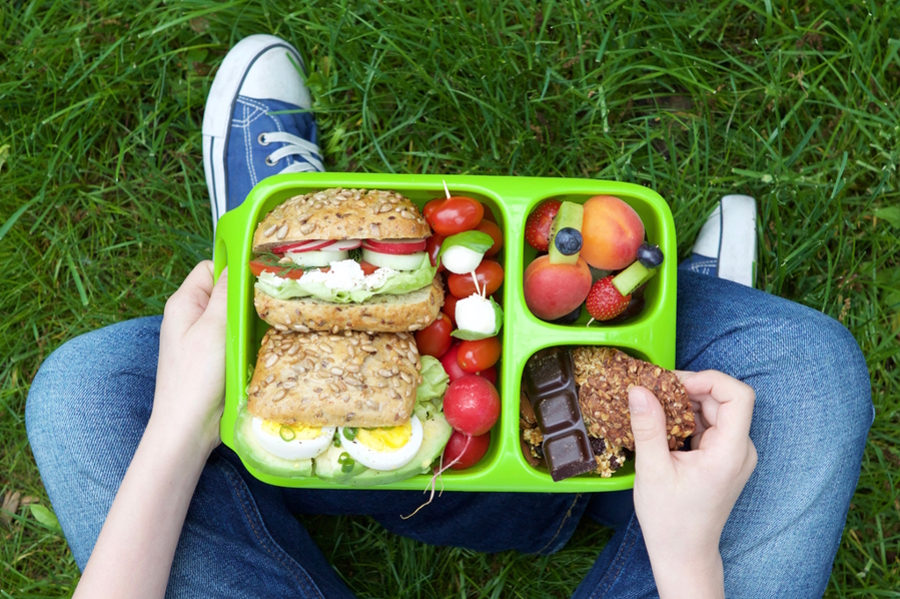  a child sitting in the grass with a healthy lunchbox