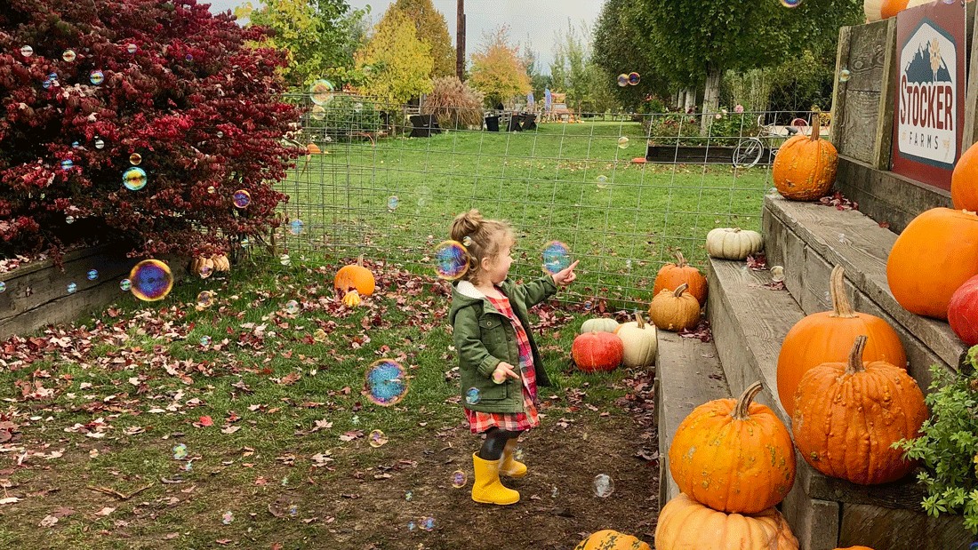 young girl popping bubbles at a fall festival at Stocker Farms, a festive seasonal activity for Seattle-area families