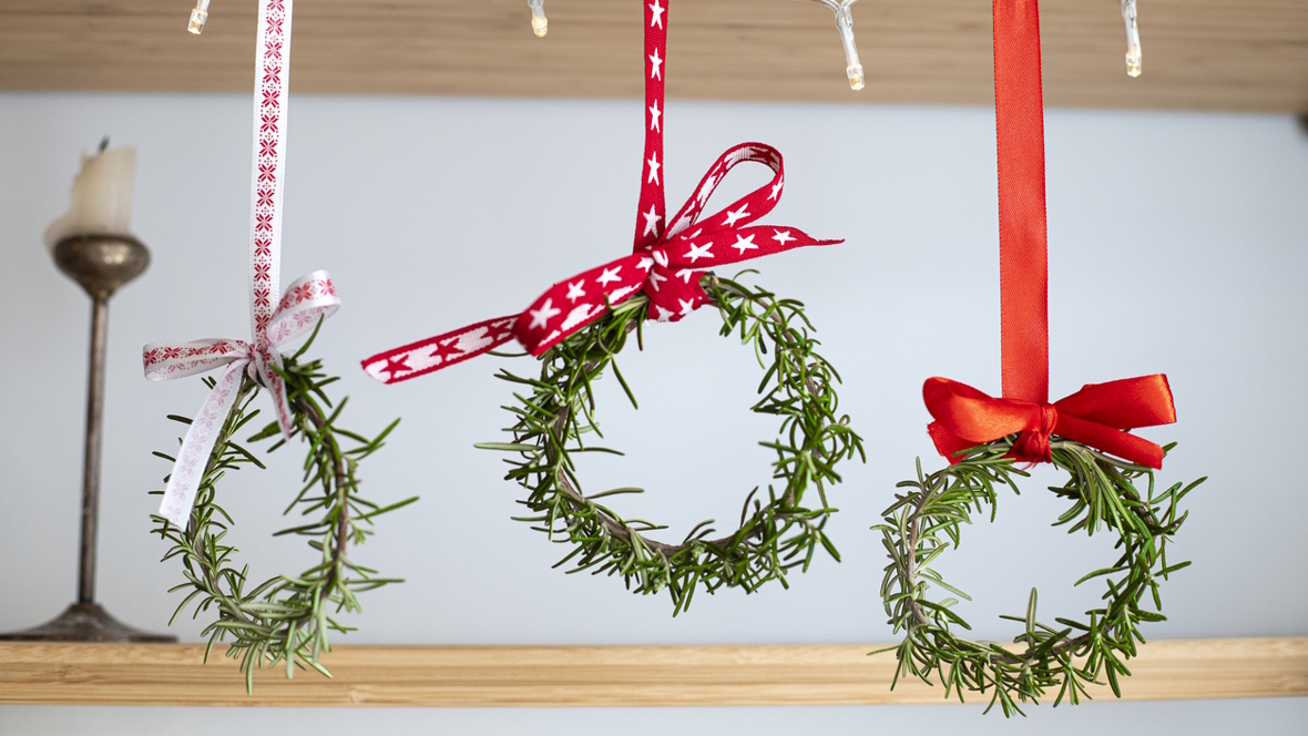 small wreaths made of rosemary