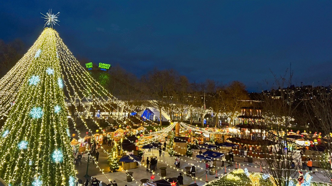 Seattle Christmas Market illuminated with holiday lights and festive displays during winter break