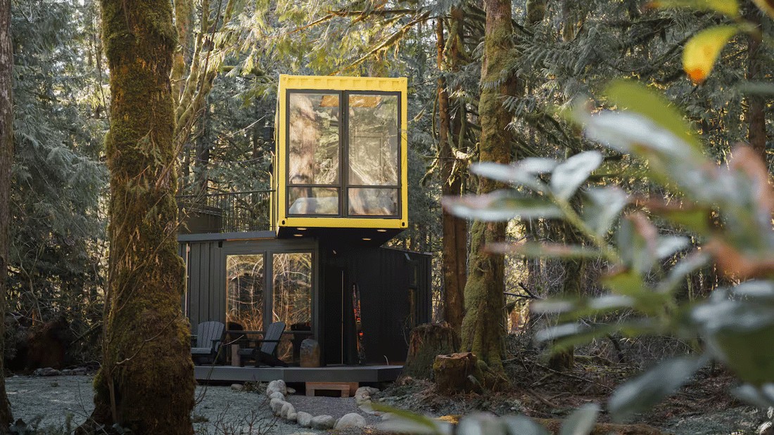 repurposed shipping containers make up one of the seven cabin rentals at Index Cabins