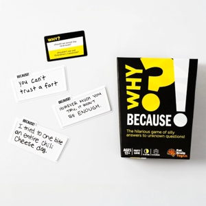 Why because game box with question and answer cards on a table