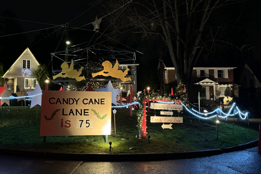 Candy cane lane with a sign marking the 75th anniversary