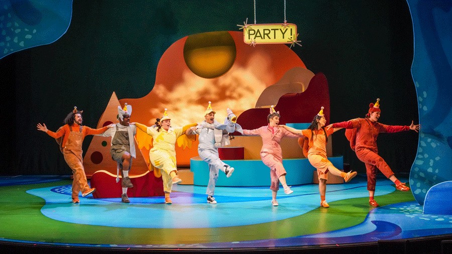 A dance line of characters at SCT's new 2025 holiday show