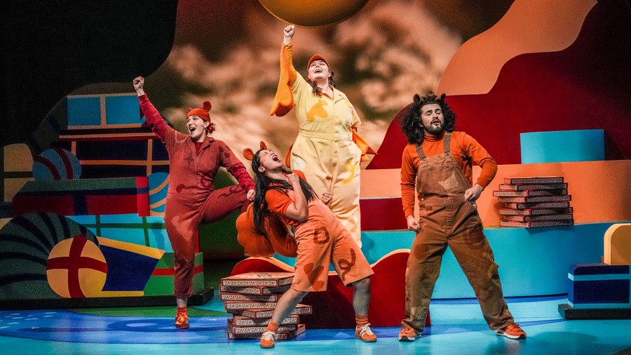 The duck and squirrels are singing on stage at SCT's new holiday show