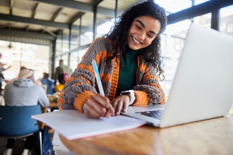 High school girl working on school work in an advanced learning program