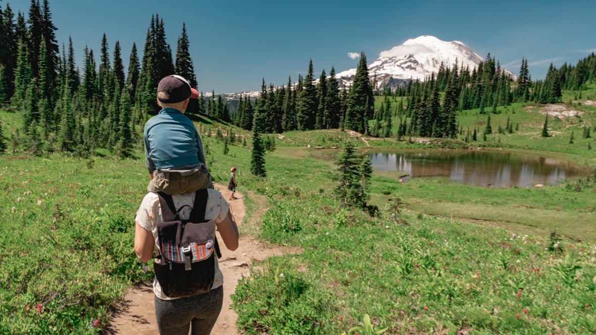 mom and kids hiking at Mount Rainier National Park