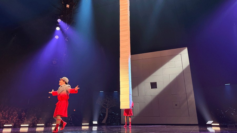 clowns stacking boxes and entertaining the crowd during Cirque du Soleil Echo